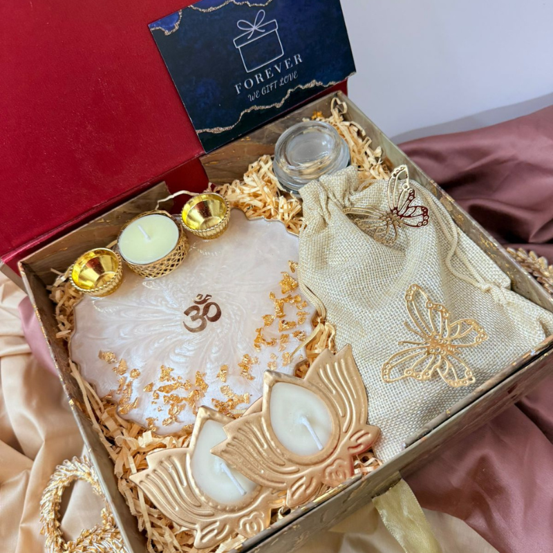 Elegant Spiritual Gift Hamper with Lotus Diyas, Marble Plate & Festive Accessories