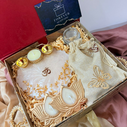 Elegant Spiritual Gift Hamper with Lotus Diyas, Marble Plate & Festive Accessories